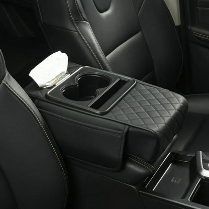 Auto Center Console Armrest Cushion with 2 Cup Holder PU Leather Armrest Pad Portable Car Amrest Pillow Cover Height Pad
