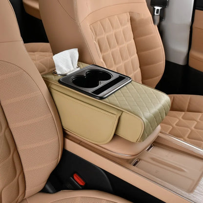 Auto Center Console Armrest Cushion with 2 Cup Holder PU Leather Armrest Pad Portable Car Amrest Pillow Cover Height Pad